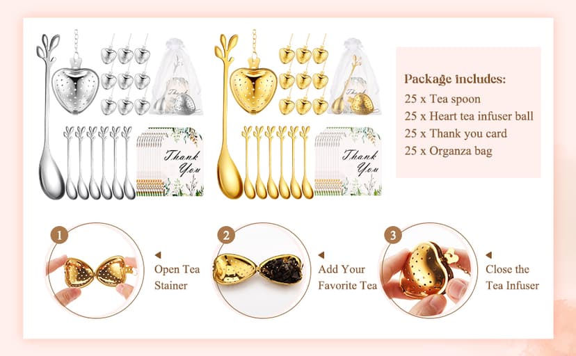 25 Sets Bridal Shower Tea Party Favor for Guest Leaf Tea Spoon Heart Shape Infuser Ball for Loose with Thank You Card Organza Bag Wedding Souvenir Gift(Silver)