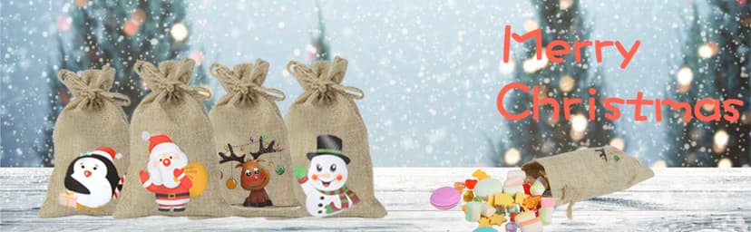 CCINEE 36pc Christmas Linen Bags with Drawstrings Christmas Burlap Goody Gift Bags with Double Jute Drawstrings, 4 designs Snowman, Santa Claus, Penguin and Reindeer