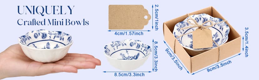 24 Pcs Wedding Favors for Guests Small Ceramic Bowl Bulk Gifts Set 3.3 Inch Floral Design Mini Dipping Bowl Sauce Dish with Cards Box for Bridal Baby Shower Birthday Guest Gift (Blue)