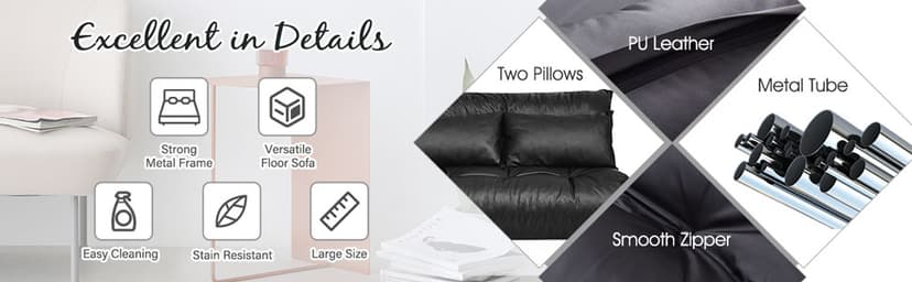 Giantex Convertible Sofa Bed, Floor Couch with 2 Pillows, PU Leather Loveseat Recliner, Folding Lazy Sleeper Sofa, 5 Position, Video Gaming Sofa Mattress for Reading Living Room Bedroom