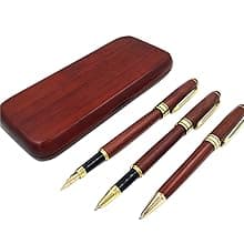 3 Pcs Wooden Pens Set with Gift Case/Best Writing Fountain Fancy Ballpoint Pen and Luxury Gel Pen with Ink Refills, Promotional Business Designer Pens