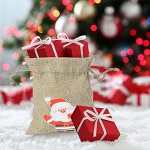 CCINEE 36pc Christmas Linen Bags with Drawstrings Christmas Burlap Goody Gift Bags with Double Jute Drawstrings, 4 designs Snowman, Santa Claus, Penguin and Reindeer