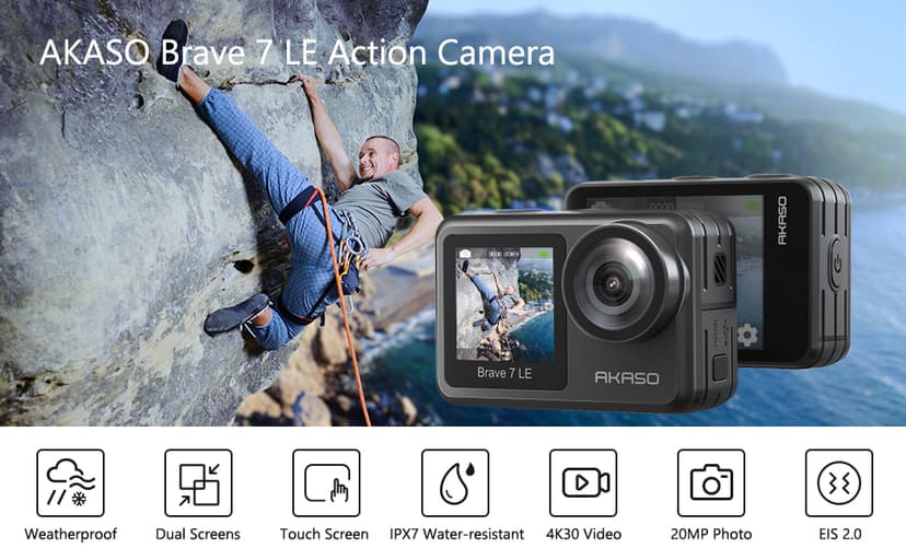AKASO Brave 7 LE 4K30FPS 20MP WiFi Action Camera with Touch Screen EIS 2.0 Zoom Remote Control 131 Feet Underwater Camera with 2X 1350mAh Batteries Support External Microphone Vlog Camera