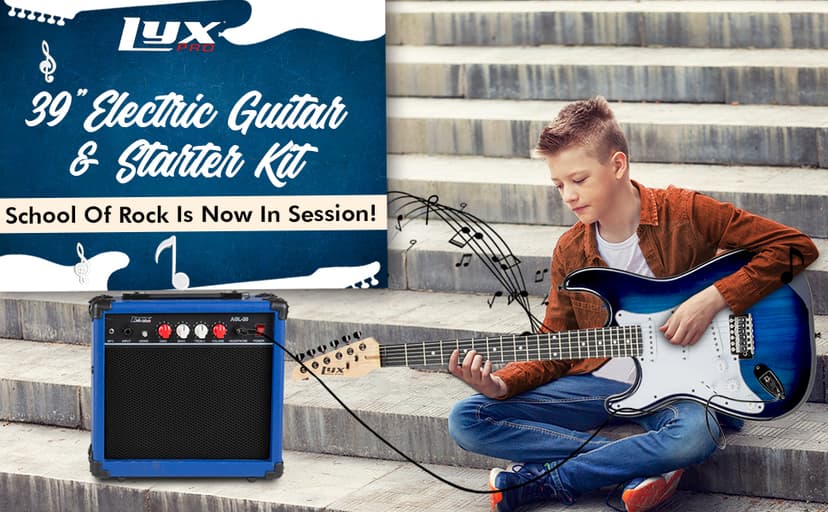 LyxPro Left Hand 39 Inch Electric Guitar and Starter Kit for Lefty Full Size Beginner’s Guitar, Amp, Six Strings, Two Picks, Shoulder Strap, Digital Clip On Tuner, Cable and Soft Case - Blue