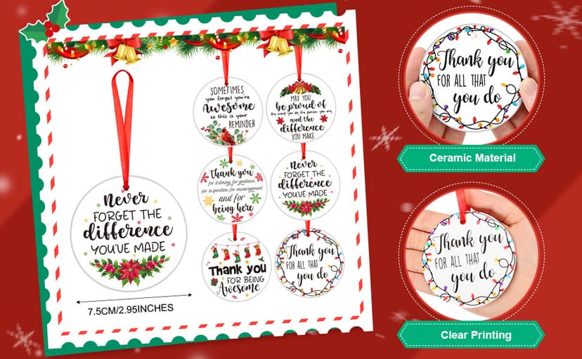 Barydat 12 Pcs Christmas Ornaments Employee Appreciation Gifts Bulk for Coworkers, Christmas Tree Ceramic Plaque Hanging Ornaments with Rope for Xmas Thanksgiving Teachers Nurses Gifts (Classic)