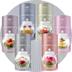 Teabloom Complete Glass Tea Set – Teapot (40 oz), Loose Tea Infuser, 4 Insulated Teacups, Tea Warmer with Candlelight, and 12 Flowering Teas – Elegant Blooming Tea Gift Set