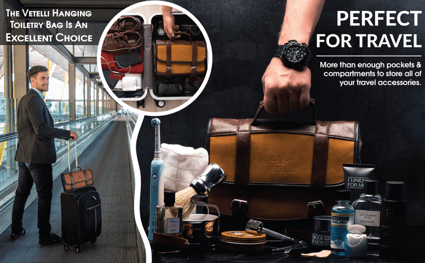 Vetelli Leather Toiletry Bag for Men - Water Resistant, 2 Zippered Internal Pockets, 2 Snap-Fastened Internal Pockets, and Hanging Hook.