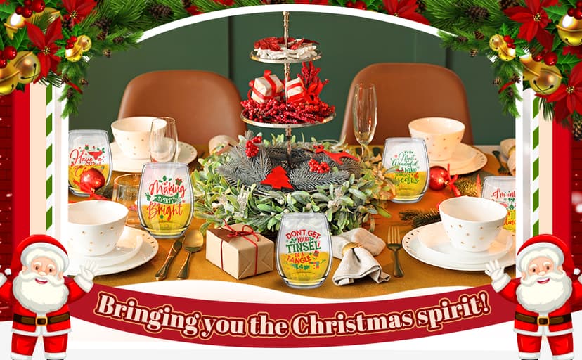 Funtery 6 Pcs Christmas wine Stemless Glass Funny Christmas Gift Set for Teacher Men Women Family Friend Coworker, Gift Ideal Birthday Wedding Party Supplies(Classic Style)