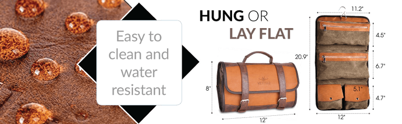 Vetelli Leather Toiletry Bag for Men - Water Resistant, 2 Zippered Internal Pockets, 2 Snap-Fastened Internal Pockets, and Hanging Hook.