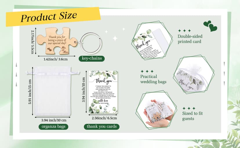 Sintuff 100 Sets Wedding Favors for Guests Rustic Wood Puzzle Keychain Thank You Card Organza Bag Wedding Party Bridal Shower Souvenir