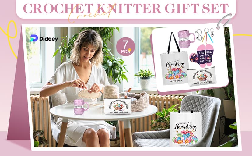 7 Pcs Crochet Knitter Gift Set Humorous Novelty Crochet Mug Mini Hooks Keychain Knitting Loop Ring Makeup Bag Handbag Sock for Women Christmas Beginner Lovers Gifts