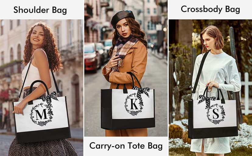 Personalized Christmas Gifts for Women, Initial Canvas Tote Bag & Makeup Bag Monogrammed Beach Tote Bags for Women w/Zipper, Birthday Gifts for Mom Her Sister Friend Girlfriend Wife Daughter Teacher