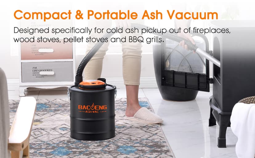 BACOENG Ash Vacuum for Pellet Stoves, 4 Gallon Ash Vac, Ash Vacuum Cleaner for Fireplaces, Wood Stove, Pellet Grill