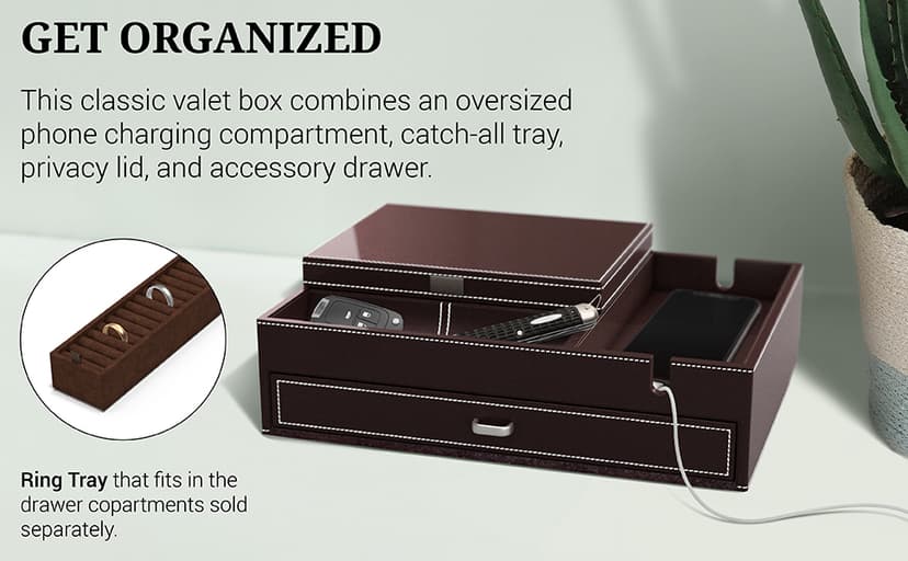 Mens Watch Box Leather Valet Tray - Bedside Table Organizer, Men's Jewelry Box, Watch Case for Men with Large Smartphone Charging Station - Jewelry Box for Men with Valet Box and Nightstand Organizer