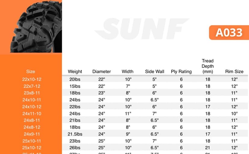Set of 4 SunF Power.I ATV UTV all-terrain Tires 25x8-12 Front & 25x10-12 Rear, 6 PR, Tubeless A033