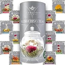 Teabloom Complete Glass Tea Set – Teapot (40 oz), Loose Tea Infuser, 4 Insulated Teacups, Tea Warmer with Candlelight, and 12 Flowering Teas – Elegant Blooming Tea Gift Set