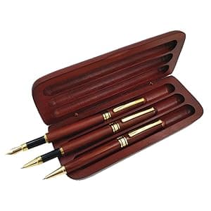 3 Pcs Wooden Pens Set with Gift Case/Best Writing Fountain Fancy Ballpoint Pen and Luxury Gel Pen with Ink Refills, Promotional Business Designer Pens