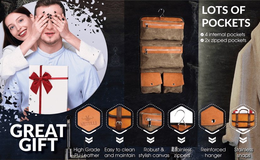 Vetelli Leather Toiletry Bag for Men - Water Resistant, 2 Zippered Internal Pockets, 2 Snap-Fastened Internal Pockets, and Hanging Hook.