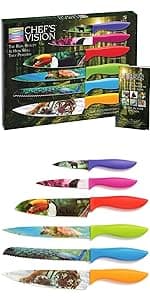 CHEF'S VISION Jurassic Knife Set - 6-Piece Stainless Steel Cutting Knives Set for Kitchen - Stunning Dinosaur Designs, Great Gift for Women or Men - Unique Kitchen Knife Set Gift