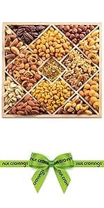 NUT CRAVINGS - Holiday Christmas Dried Fruit & Mixed Nuts Gift Basket in Reusable Wooden Tray + Ribbon (12 Assortments) Xmas Treats for Adults, Food Arrangement, Healthy Snack Care Package, Kosher
