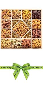 NUT CRAVINGS - Holiday Christmas Dried Fruit & Mixed Nuts Gift Basket in Reusable Wooden Tray + Ribbon (12 Assortments) Xmas Treats for Adults, Food Arrangement, Healthy Snack Care Package, Kosher