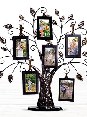 Klikel Family Tree Picture Frame Stand with 6 Hanging Photo Picture Frames - Medium Metal Tree 12 X 11 - Holds 6 Ornamental 2x3 Frames