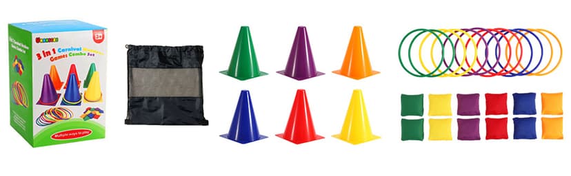 unanscre 31PCS 3 in 1 Carnival Outdoor Games Combo Set for Kids, Soft Plastic Cones Bean Bags Ring Toss Game, Gift for Birthday Party/Xmas