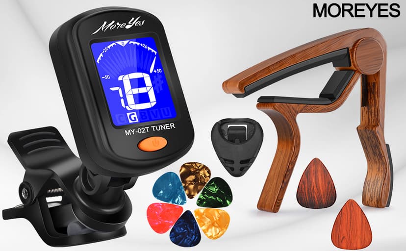 MOREYES Guitar Picks Capo Guitar Tuner Clip on for Acoustic Ukelele Bass Classical Guitar