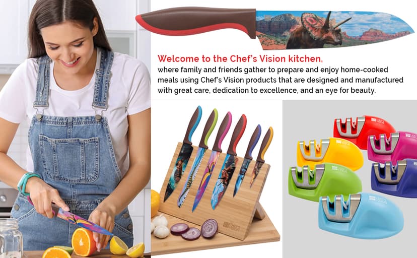 CHEF'S VISION Jurassic Knife Set - 6-Piece Stainless Steel Cutting Knives Set for Kitchen - Stunning Dinosaur Designs, Great Gift for Women or Men - Unique Kitchen Knife Set Gift