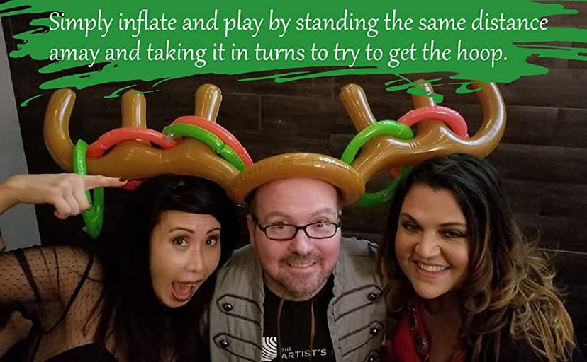 2PCS Christmas Party Toss Game Inflatable Reindeer Antler Hat with Rings for Kids Adults Family Xmas Fun Games(1 Pump,8 Rings, 2 Antlers)