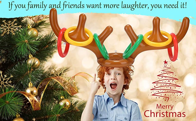 2PCS Christmas Party Toss Game Inflatable Reindeer Antler Hat with Rings for Kids Adults Family Xmas Fun Games(1 Pump,8 Rings, 2 Antlers)