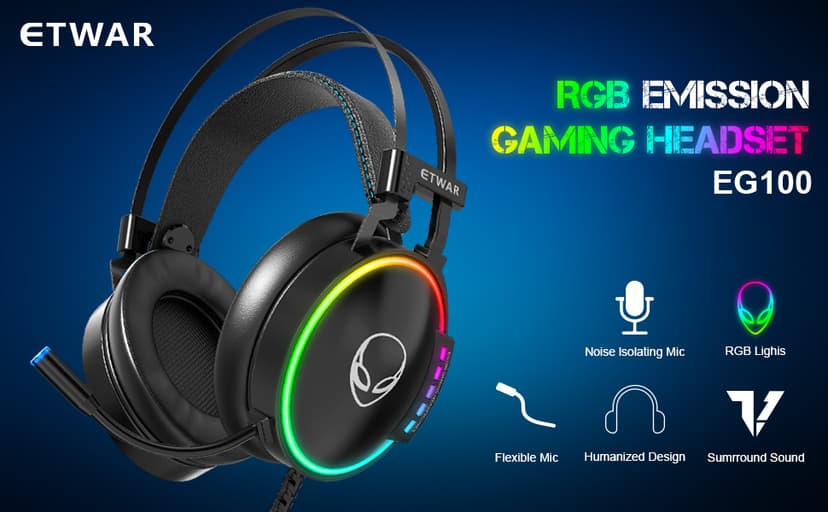 ETWAR EG100 USB Wired Gaming Headset for PC, 7.1 Surround Sound,Computer Headphones with Microphone/Mic Noise Cancelling, Video Gaming, RGB Flowing Light - for PS4, PS5,Laptop
