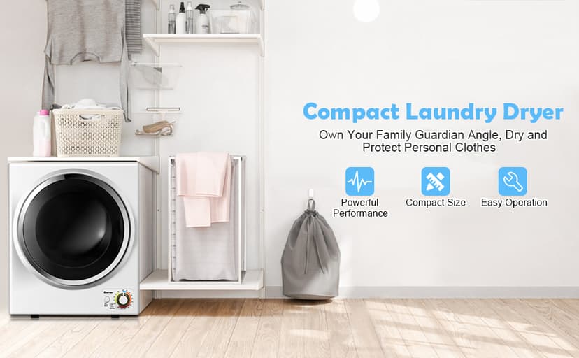 COSTWAY Compact Laundry Dryer, 110V Electric Portable Clothes Dryer with Stainless Steel Tub, Control Panel Downside Easy Control for 4 Automatic Drying Mode, White