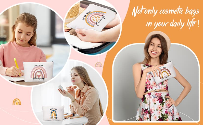 Coume 10 Pcs Rainbow Canvas Makeup Bags Bulk Inspirational Quotes Cosmetic Zipper Personalized Encouragement Travel Pouch Toiletry Bag for Women Girls Teacher Friend Birthday