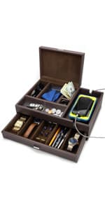 Mens Watch Box Leather Valet Tray - Bedside Table Organizer, Men's Jewelry Box, Watch Case for Men with Large Smartphone Charging Station - Jewelry Box for Men with Valet Box and Nightstand Organizer