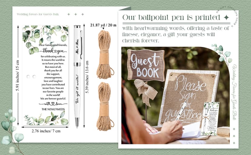50 Sets Wedding Favors for Guests Bulk Retractable Ballpoint Pen Thank You Cards with Hemp Rope Bridal Shower Gift for Guest Wedding Souvenirs Newlyweds Party Supplies