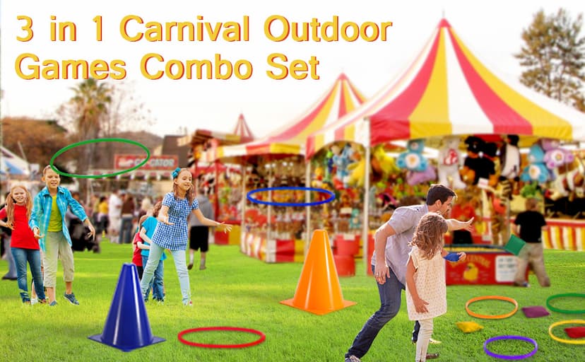 unanscre 31PCS 3 in 1 Carnival Outdoor Games Combo Set for Kids, Soft Plastic Cones Bean Bags Ring Toss Game, Gift for Birthday Party/Xmas