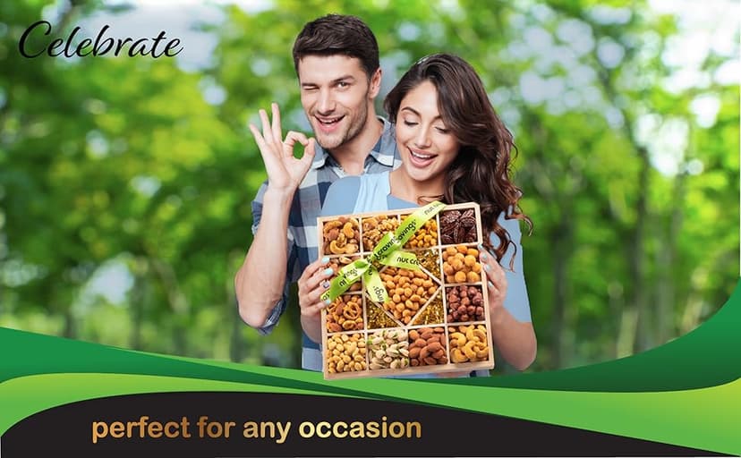 NUT CRAVINGS - Holiday Christmas Dried Fruit & Mixed Nuts Gift Basket in Reusable Wooden Tray + Ribbon (12 Assortments) Xmas Treats for Adults, Food Arrangement, Healthy Snack Care Package, Kosher