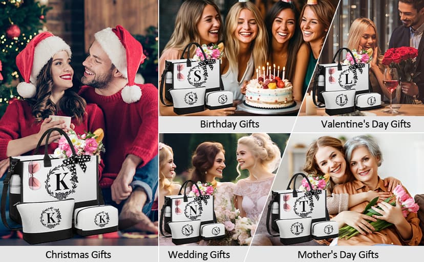 Personalized Christmas Gifts for Women, Initial Canvas Tote Bag & Makeup Bag Monogrammed Beach Tote Bags for Women w/Zipper, Birthday Gifts for Mom Her Sister Friend Girlfriend Wife Daughter Teacher