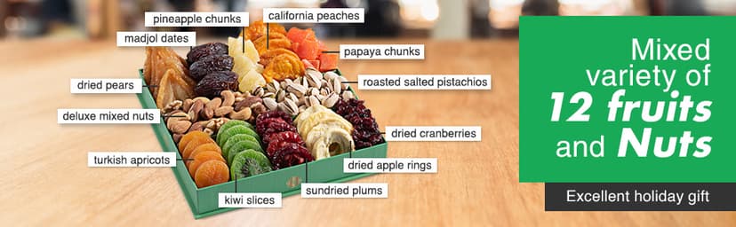 Holiday Christmas Dried Fruit & Nuts Gift Basket - Fresh Dried Fruit & Nuts Gift Basket - Assorted Food Gift Box for Christmas, Holiday, Family, Sympathy, Men & Women.