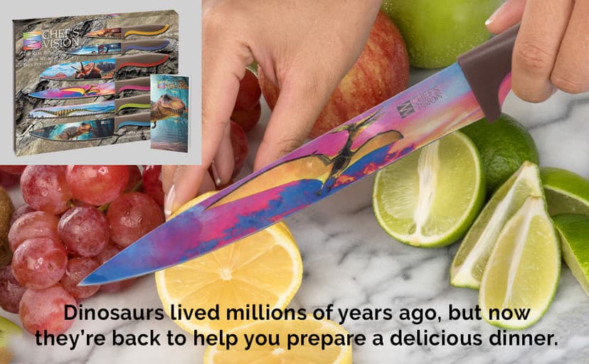 CHEF'S VISION Jurassic Knife Set - 6-Piece Stainless Steel Cutting Knives Set for Kitchen - Stunning Dinosaur Designs, Great Gift for Women or Men - Unique Kitchen Knife Set Gift