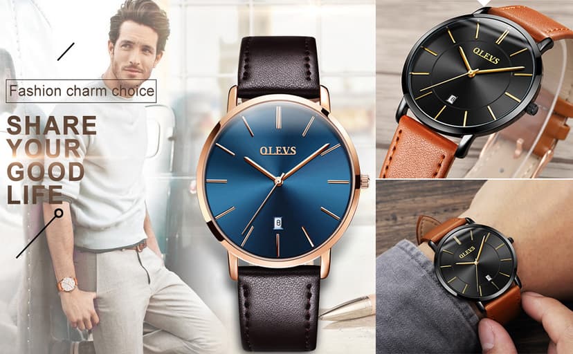 OLEVS Mens Watches Minimalist Ultra Thin Fashion Casual Analog Quartz Date Watch Waterproof Slim Simple Big Face Dress Wrist Watch Leather Band for Men