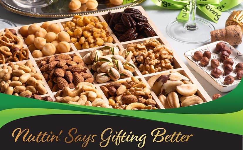 NUT CRAVINGS - Holiday Christmas Dried Fruit & Mixed Nuts Gift Basket in Reusable Wooden Tray + Ribbon (12 Assortments) Xmas Treats for Adults, Food Arrangement, Healthy Snack Care Package, Kosher