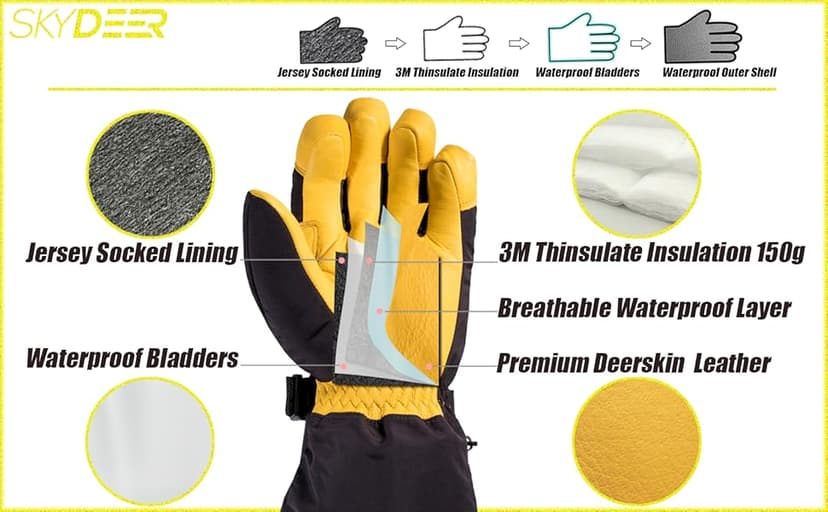 SKYDEER Waterproof and Windproof Genuine Deerskin Leather Ski Gloves with 150G 3M Thinsulate Insulation (SD8648T)