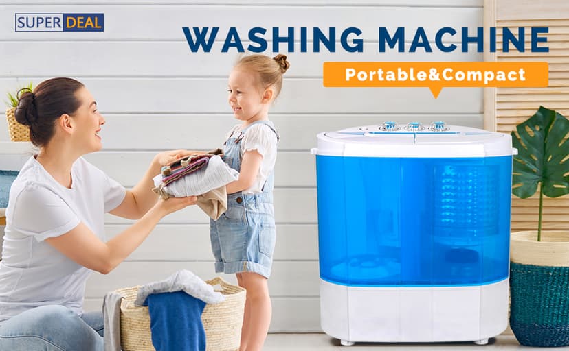 SUPER DEAL Small Portable Washing Machine 9.9lb Mini Compact Washer Twin Tub Laundry Machine Top Load Spinning and Washing Combo 6.57 FT Inlet Gravity Drain Hose