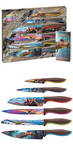 CHEF'S VISION Jurassic Knife Set - 6-Piece Stainless Steel Cutting Knives Set for Kitchen - Stunning Dinosaur Designs, Great Gift for Women or Men - Unique Kitchen Knife Set Gift