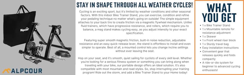 Alpcour Bike Trainer Stand for Indoor Riding – Portable Foldable Magnetic Stainless Steel Indoor Trainer, Noise Reduction, 6 Resistance Settings & Bag – Stationary Exercise for Road & Mountain Bikes