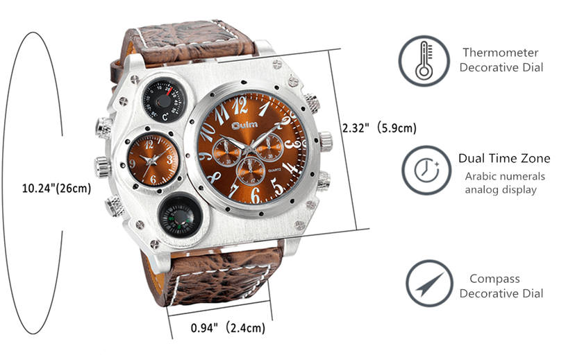 Avaner Men's Leather Wrist Watches: Big Face Dual Time Zone Oversized Large Dial Leather Strap Analog Quartz Watch