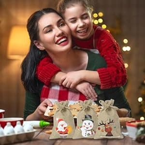 CCINEE 36pc Christmas Linen Bags with Drawstrings Christmas Burlap Goody Gift Bags with Double Jute Drawstrings, 4 designs Snowman, Santa Claus, Penguin and Reindeer
