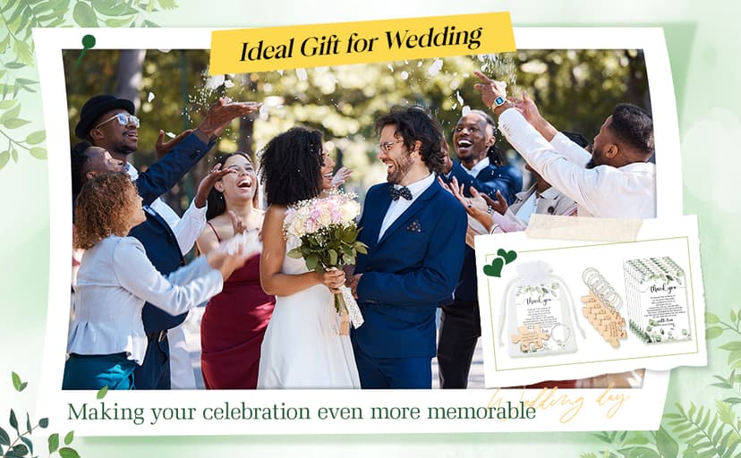 Sintuff 100 Sets Wedding Favors for Guests Rustic Wood Puzzle Keychain Thank You Card Organza Bag Wedding Party Bridal Shower Souvenir